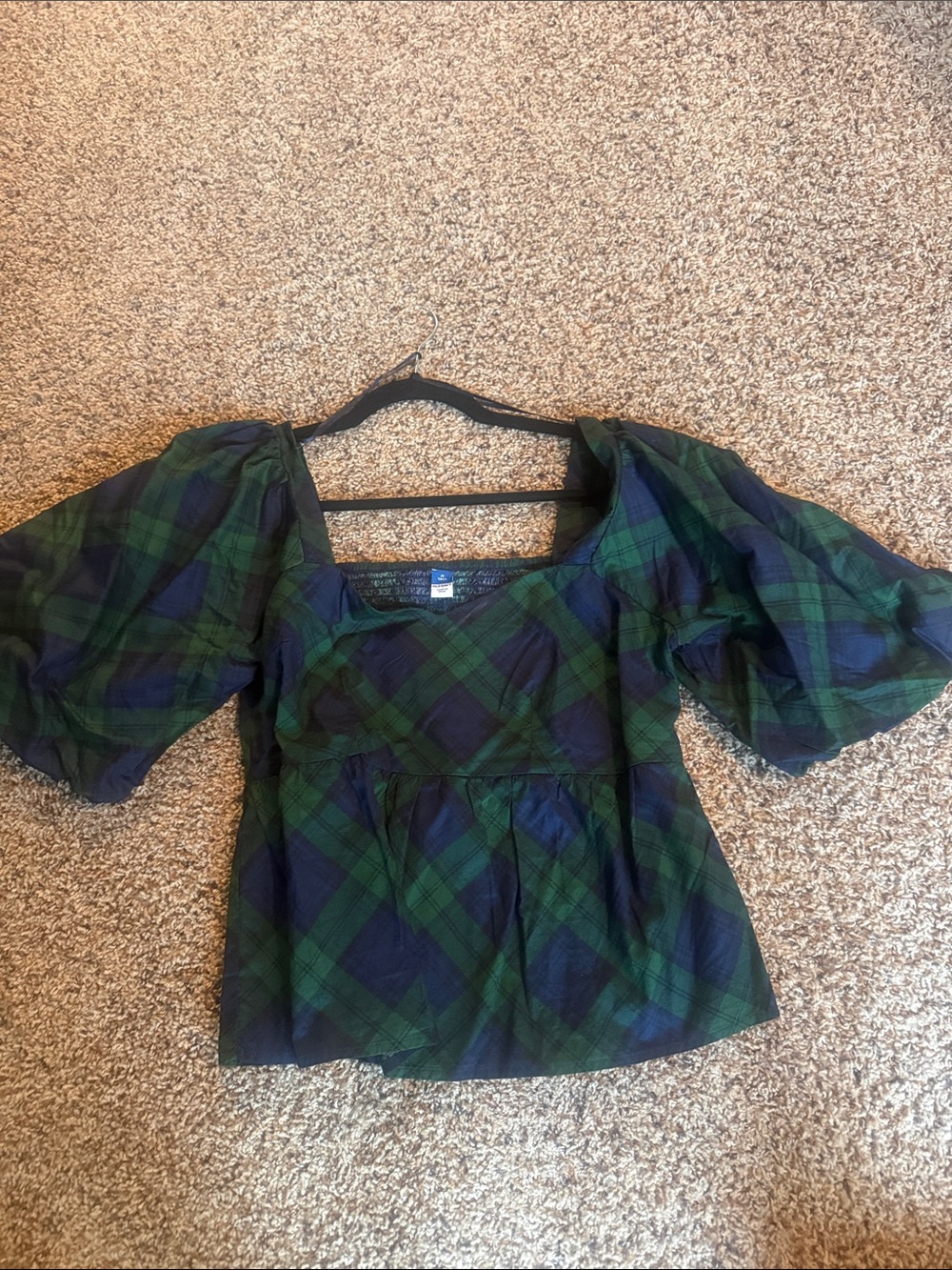 Old Navy Green & Navy Plaid Square-Neck Puff Sleeve Top